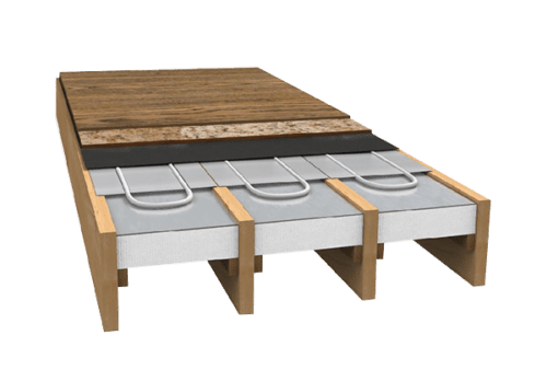 a computer rendering of how joisted underfloor heating is fitted between joists