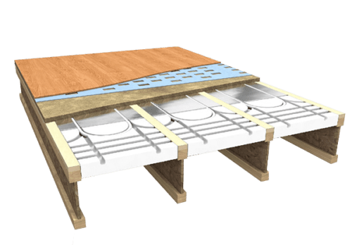 a rendering of joisted underfloor heating laid between joists under laminate