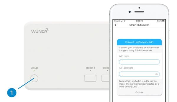 the WundaSmart HubSwitch device behind a phone with the setup section of the WundaSmart app